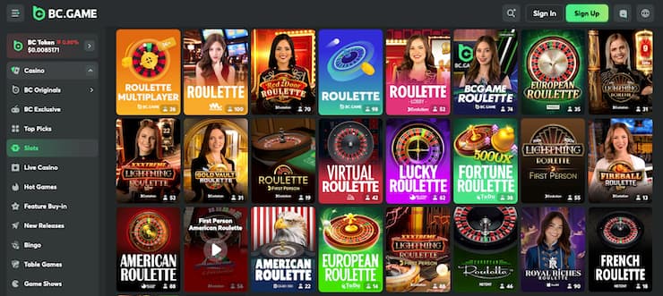 screenshot of BC.Game roulette section with European, American, and Lightning Roulette tables at Best Online Casinos UK