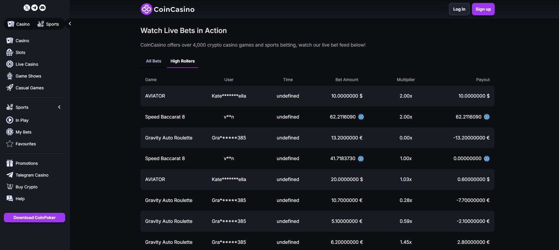 screenshot of a leaderboard in a USD Coin casino showing recent winners and payouts
