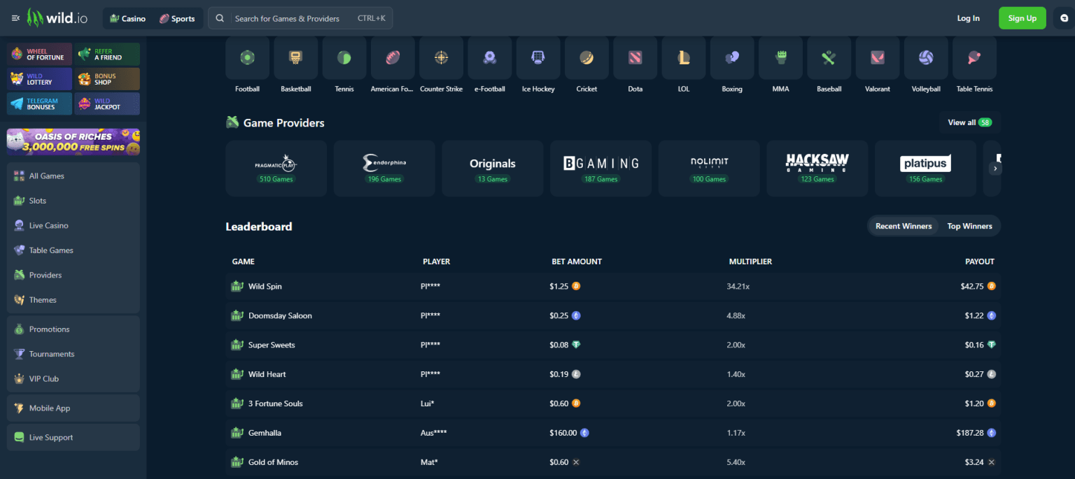 Screenshot of a leaderboard in a Monero casino showing recent winners and payouts