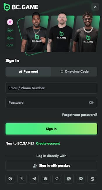 A snapshot of signing up for a craps casino, bc.game