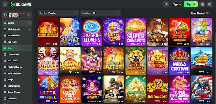 Screenshot of BC.Game slots section showing popular online slot games including Charge the Clovers, Super China Pots, and Mega Crown, featured in Best Online Casinos UK.