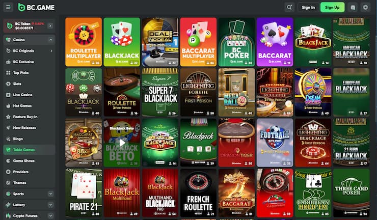 screenshot from BC.Game table games section with blackjack, baccarat, roulette, and poker at Best Online Casinos UK