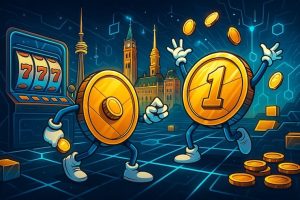 coins in a futuristic casino with Canadian landmarks – 1 dollar deposit casino Canada