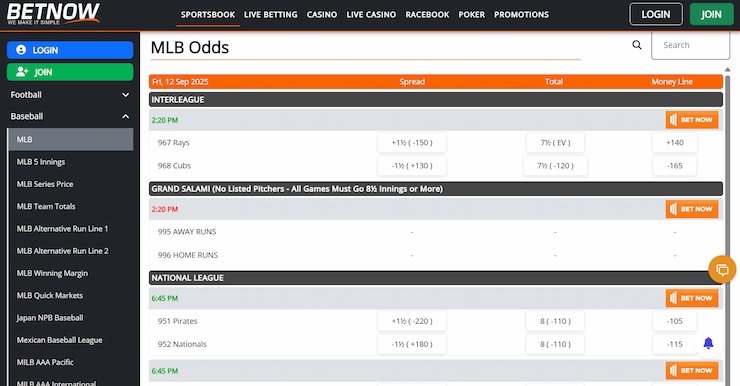 An image of the MLB odds at BetNow.