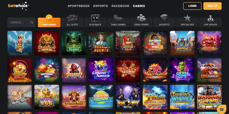 A screenshot of BetWhale real money casino games lobby with slots and live dealer categories