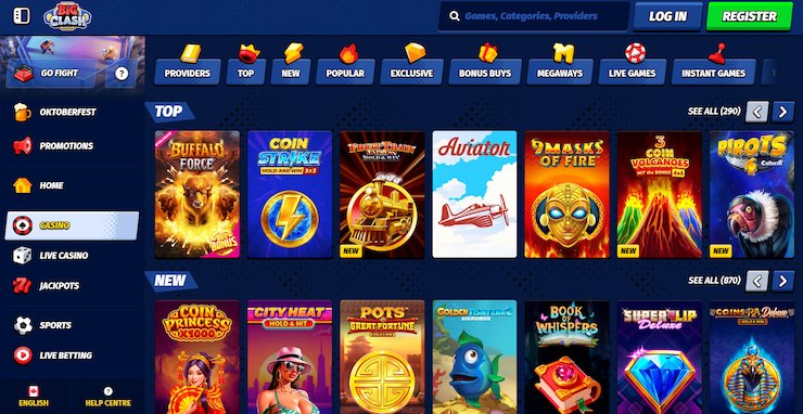 A screenshot of the Big Clash casino homepage, one of the best online slots casinos in Canada.