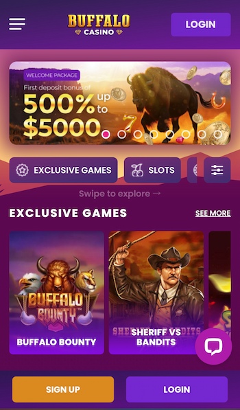 A screenshot of the Buffalo Casino casino app homepage.