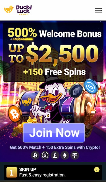 A screenshot of the Ducky Luck mobile homepage.