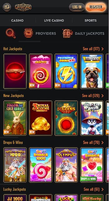 A snapshot of the mobile view of Gransino, a top NZ Casino