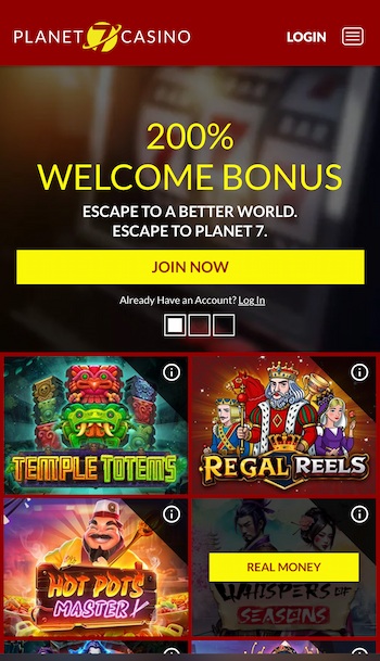 A screenshot of the Planet 7 casino mobile page.