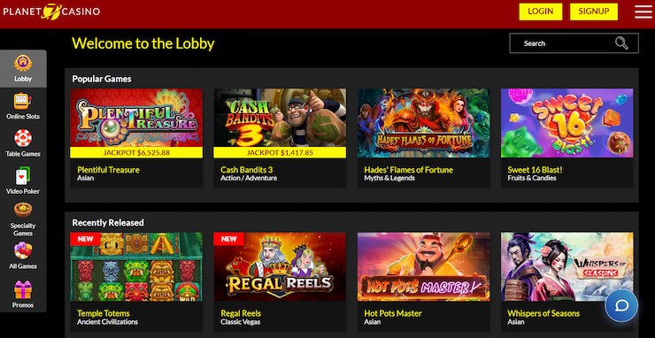 A screenshot of the Planet 7 casino lobby.