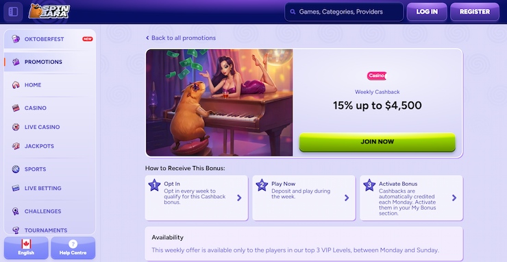 An image of the SpinBara weekly cashback offer for CA players.
