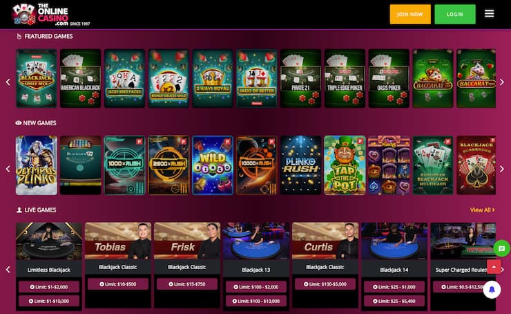 A screenshot of TheOnlineCasino real money casino lobby showing featured games, new slots, and live dealer tables.