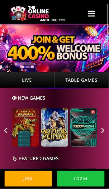 An image of TheOnlineCasino homepage on mobile.