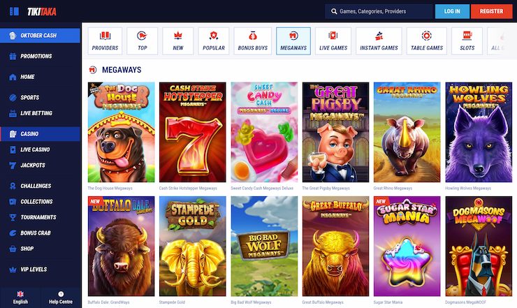 A screenshot of Tikitaka Casino's Megaways CA slots.