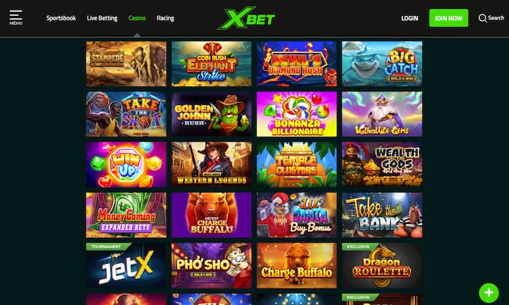 A screenshot of XBet Casino lobby showing slot games and exclusive titles.