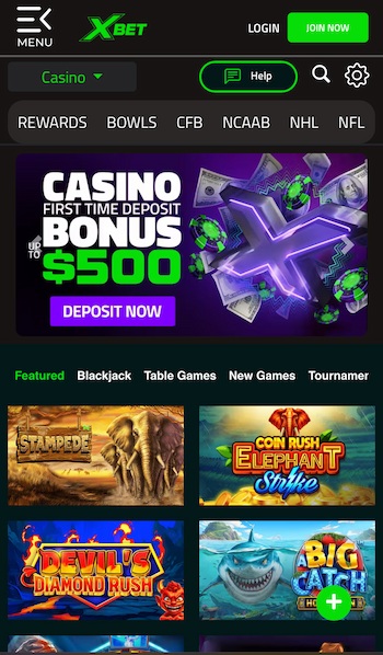 An image of the Xbet casino app homepage.