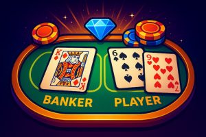 A graphic showing a baccarat table with the banker and player sides.