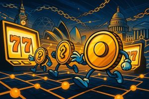 Futuristic digital illustration of best slots casinos with anthropomorphic coins in a blockchain arena.