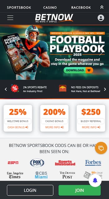 BetNow homepage with welcome bonuses at a US offshore sports betting site