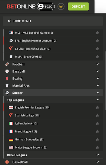 BetOnline litecoin sportsbook app showing mobile betting menu