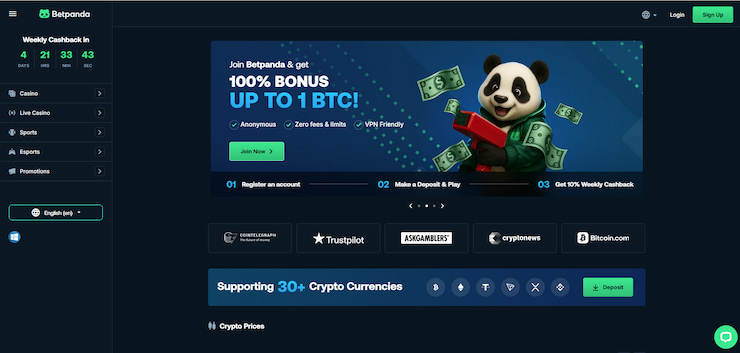 A screenshot of the BetPanda provably fair Bitcoin casino site.