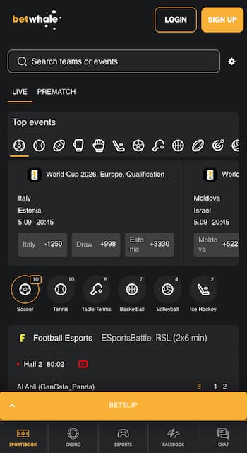 BetWhale sportsbook dashboard with US offshore sports betting options