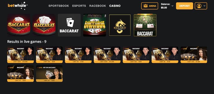 BetWhale baccarat lobby with nine live dealer tables
