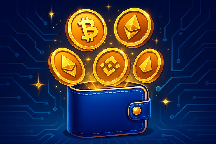 A visual showing a wallet with cryptocurrency coins.