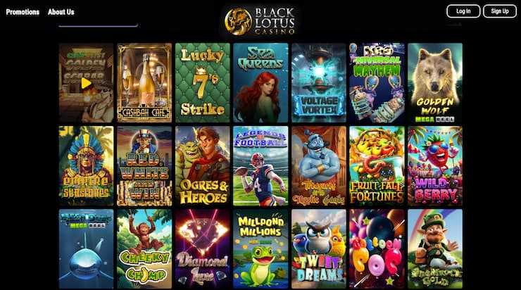 A screenshot of Black Lotus real money casino games lobby with slot titles displayed.