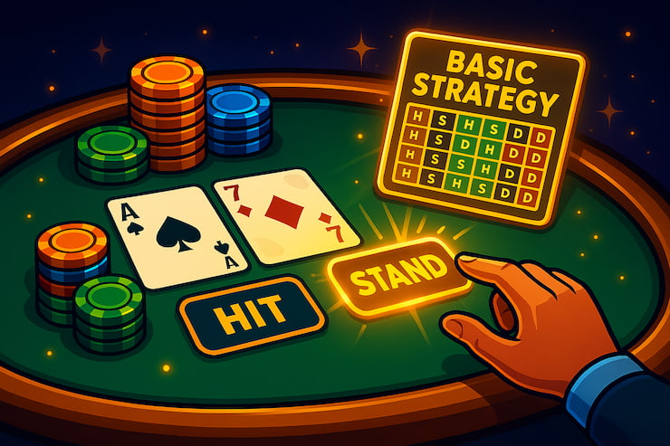 A visual showing a player choosing between hitting or standing at a blackjack table.