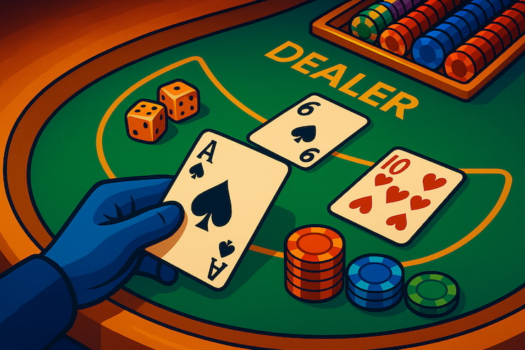 A graphic showing a blackjack dealer dealing cards.
