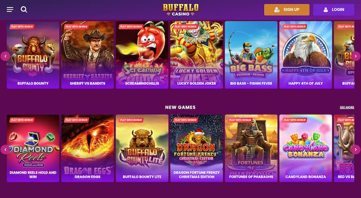 ChatGPT said: A screenshot of Buffalo Casino real money lobby showing featured slot titles and new games.