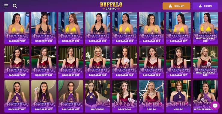 Buffalo Casino baccarat lobby showing multiple live dealers