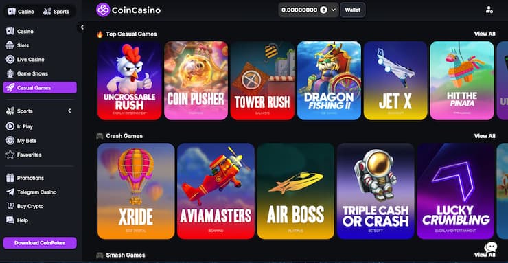 Casual and crash games at CoinCasino – 1 dollar deposit casino