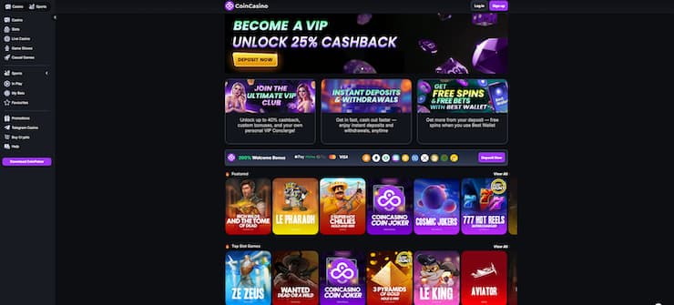 CoinCasino homepage with slots and VIP bonuses – 1 dollar deposit casino