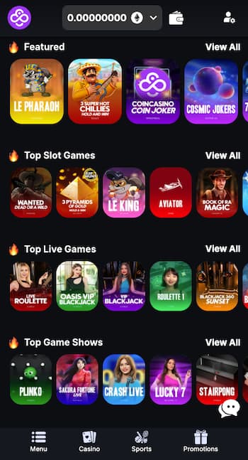 CoinCasino Hong Komg mobile app interface showing slots, live dealer games, and game shows.