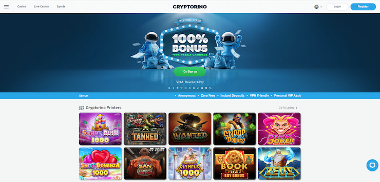 A screenshot of Cryptorino casino.