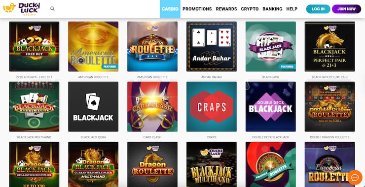 Ducky Luck baccarat section with table games and card options