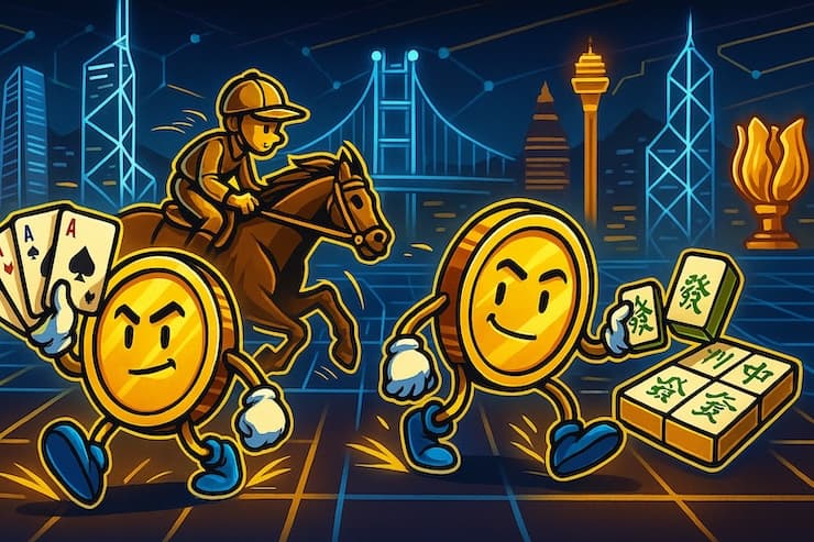 History of gambling in Hong Kong digital illustration with coins and blockchain network