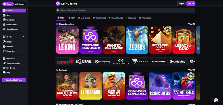 A screenshot of the CoinCasino homepage, a popular non UK casino.
