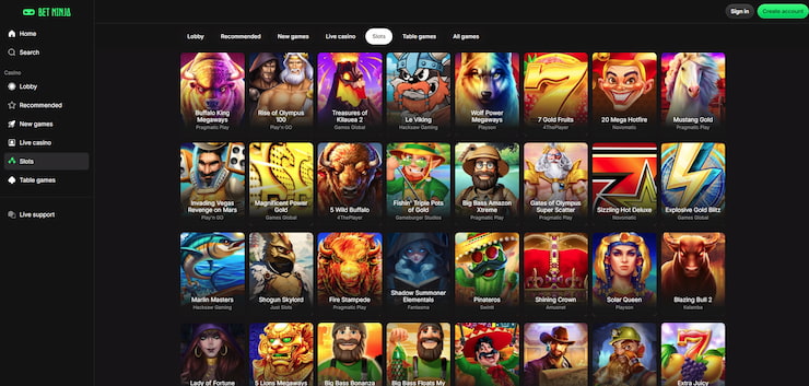 A preview of the Bet Ninja Casino slots selection.