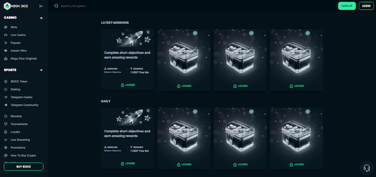 A screenshot of the missions page on the Mega Dice platform.