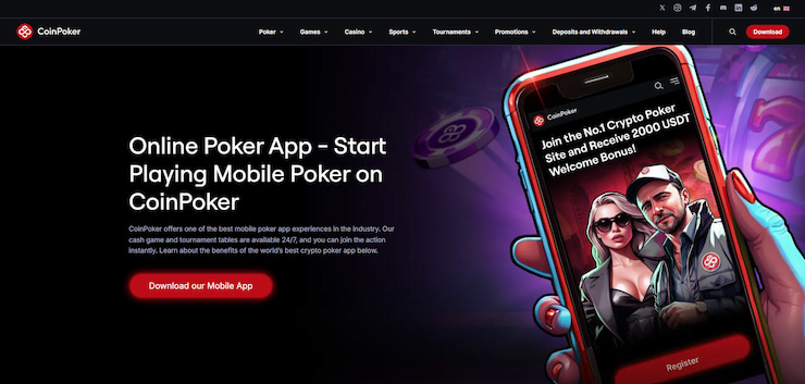 A snapshot of the CoinPoker site, showing the mobile app.