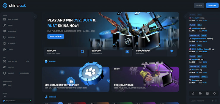 A screenshot of the SkinsLuck CS:GO betting site homepage.
