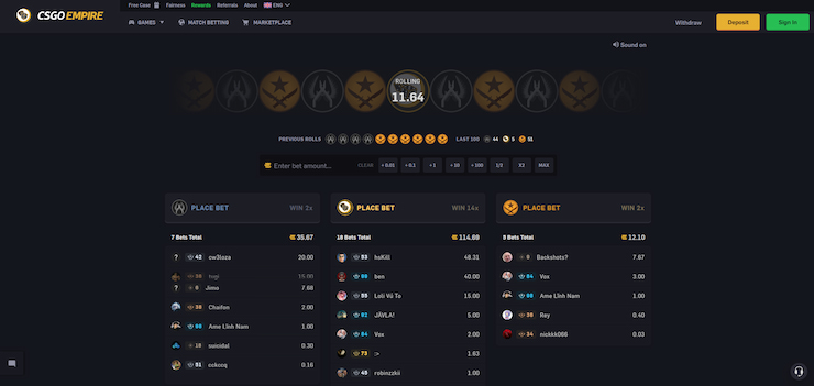 The CSGOEmpire betting site homescreen.