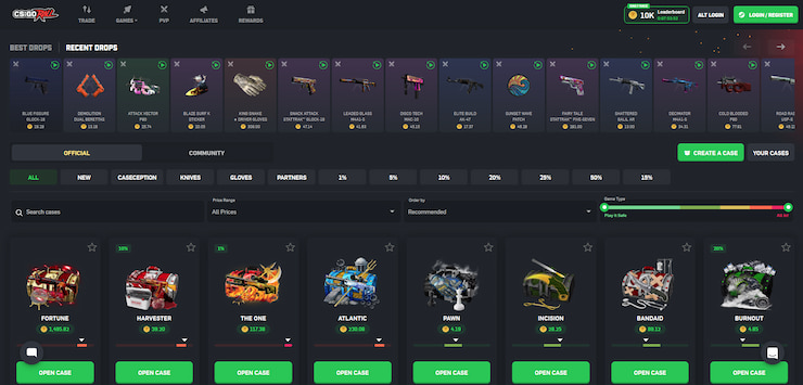 A snapshot of cases on the CSGORoll betting site.