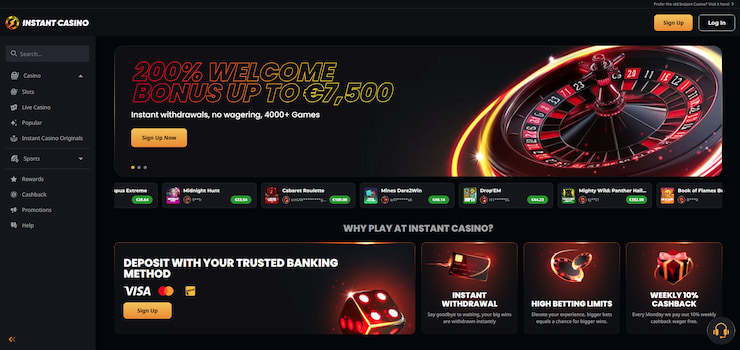 Instant Casino homepage.