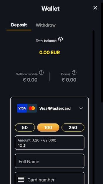 A snapshot of the deposit page at a new slot site