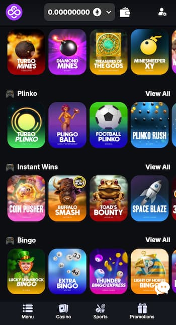 Instant games app South Africa showing Plinko, Mines, and Coin Pusher